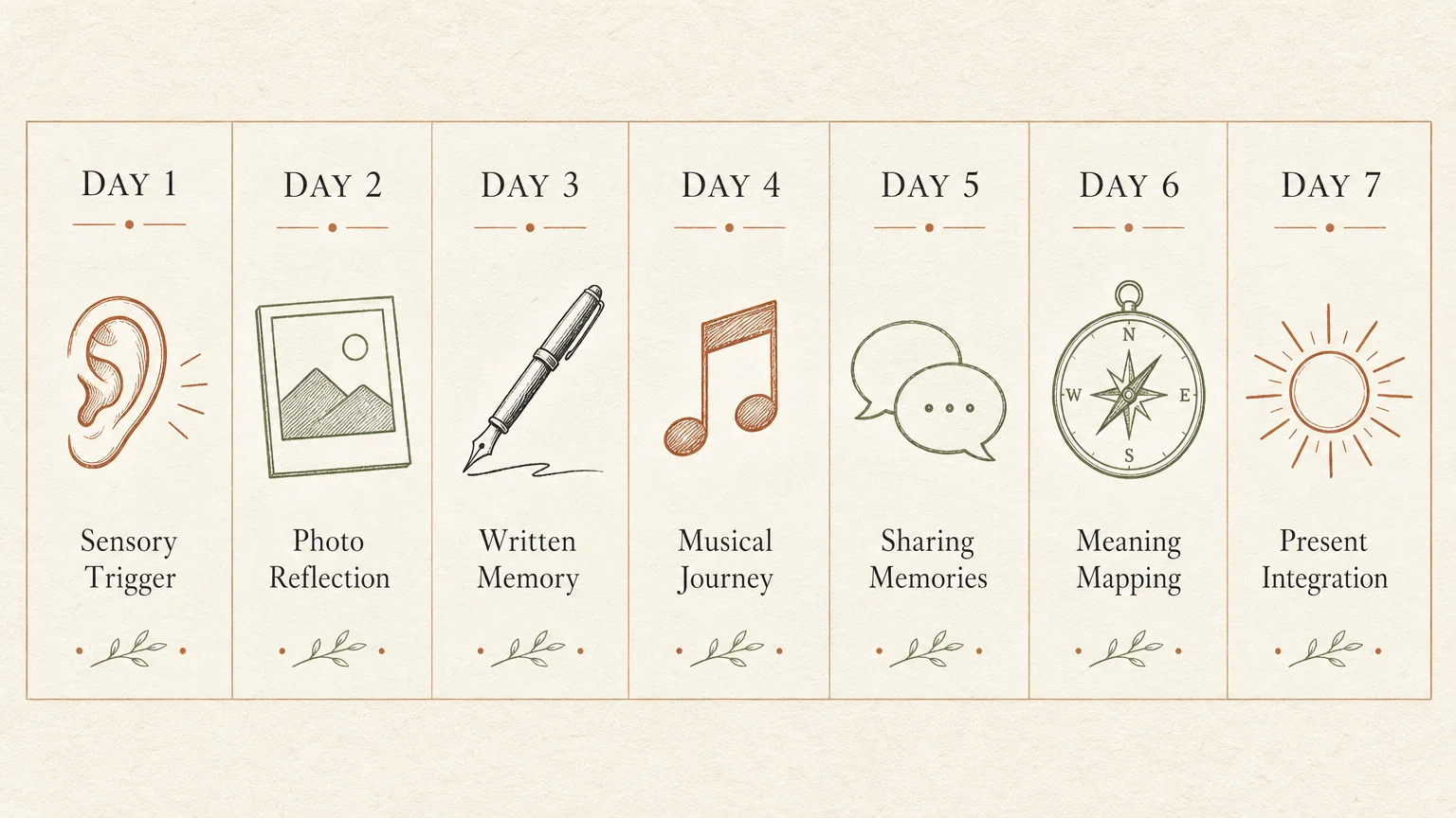 A horizontal 7-day calendar diagram outlining a daily practice plan for exploring memory and nostalgia.