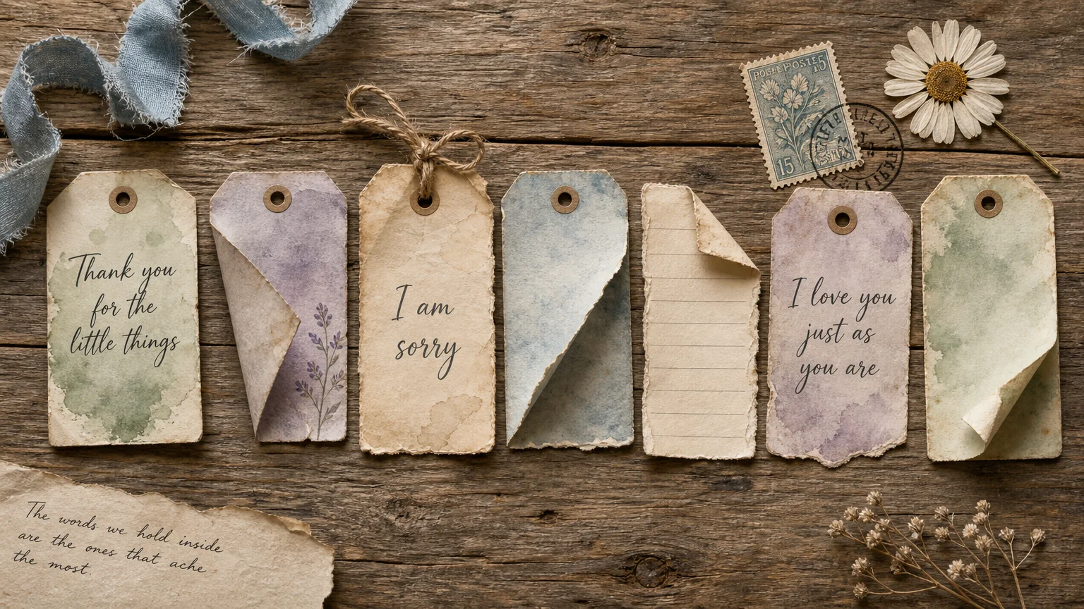 A horizontal arrangement of seven vintage paper tags and handwritten notes on a wooden surface, with messages of love and apology.