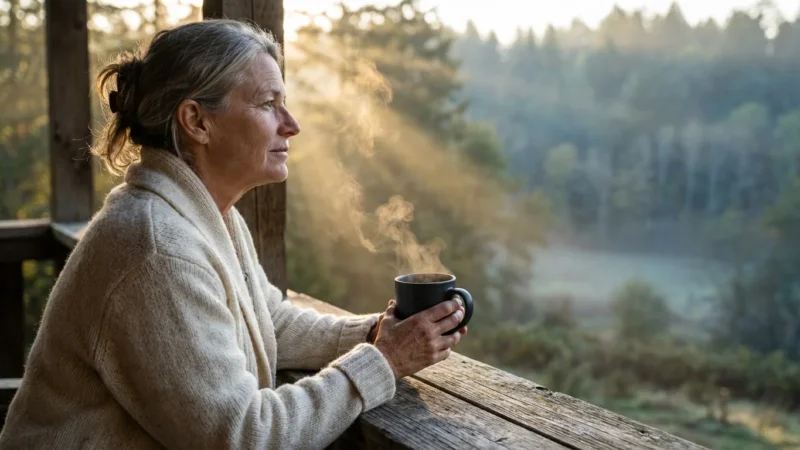 A mature woman in a cozy sweater sits on a porch at dawn, reflecting while looking over a misty valley during sunrise.