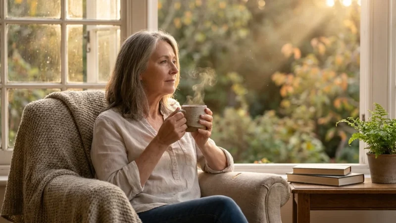A mature woman sits peacefully in a sunlit room, reflecting with a cup of tea in her hands.
