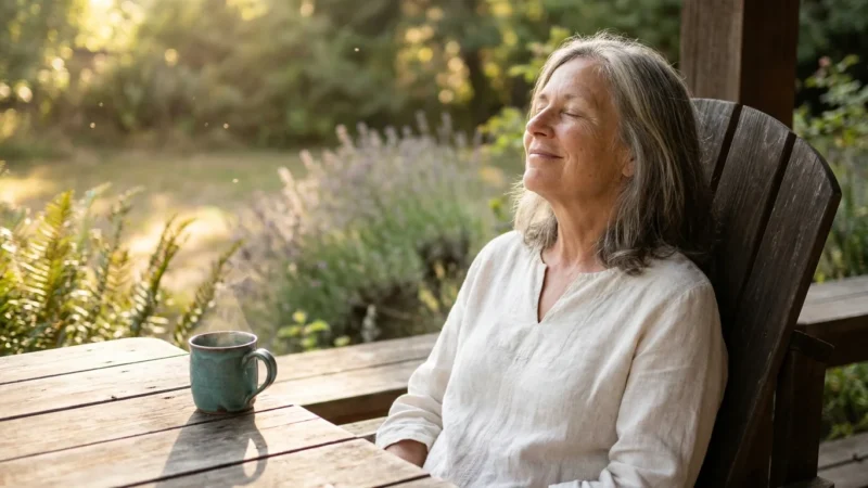 A mature woman sits peacefully on a sun-dappled porch, eyes closed in a moment of quiet reflection and inner calm.