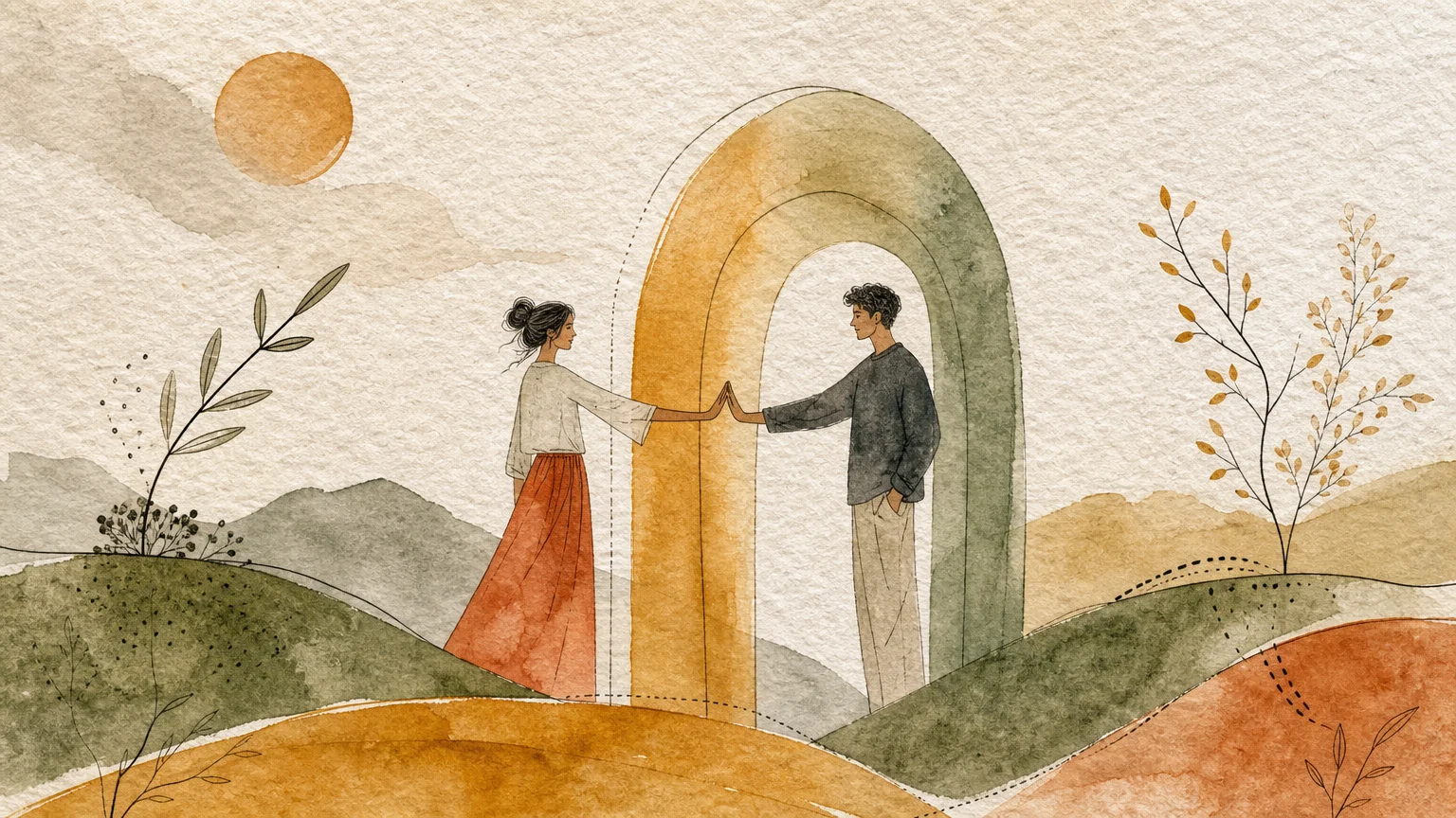 A minimalist watercolor illustration of two figures maintaining warm connection over a soft, protective boundary arch.