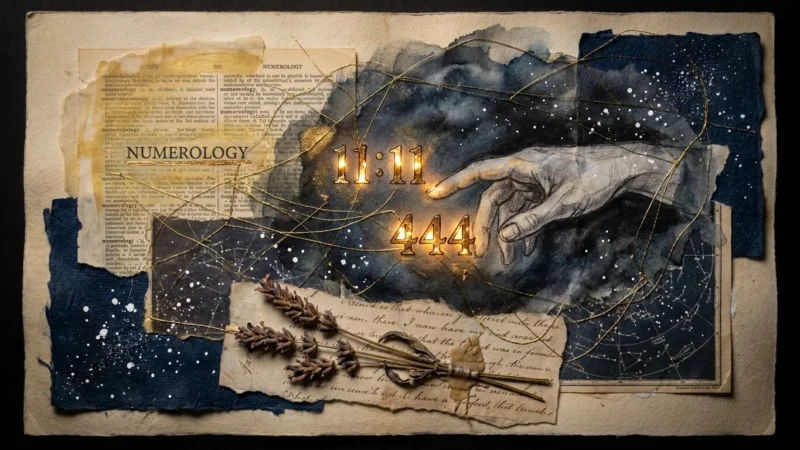 A mixed media collage featuring glowing sequences 11:11 and 444 on a backdrop of vintage paper, celestial maps, and charcoal sketches.