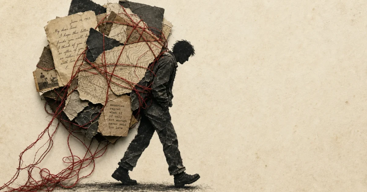 A mixed-media collage of a silhouette carrying a heavy, layered bundle of old maps, letters, and red thread on a cream background.