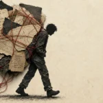 A mixed-media collage of a silhouette carrying a heavy, layered bundle of old maps, letters, and red thread on a cream background.
