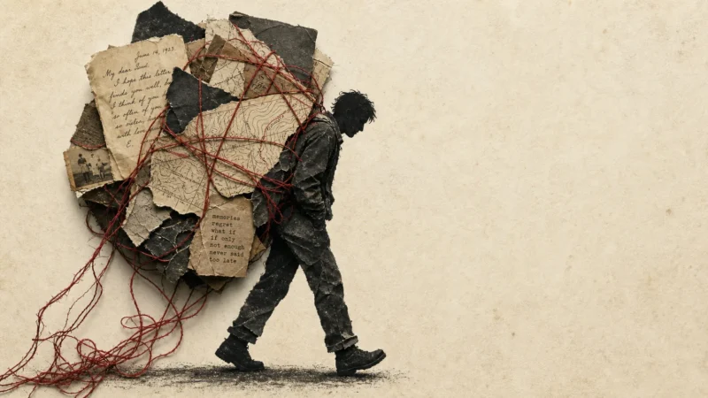 A mixed-media collage of a silhouette carrying a heavy, layered bundle of old maps, letters, and red thread on a cream background.