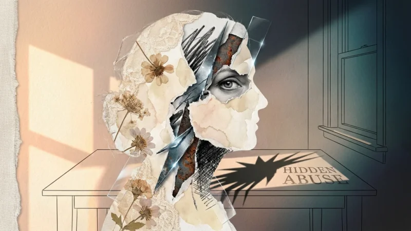 A mixed-media collage of a woman's profile where a soft, flowery exterior peels away to reveal sharp, dark, and metallic textures underneath