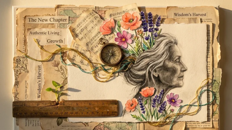 A mixed media collage of an older person's silhouette filled with wildflowers, sheet music, and a compass, symbolizing late-life purpose.