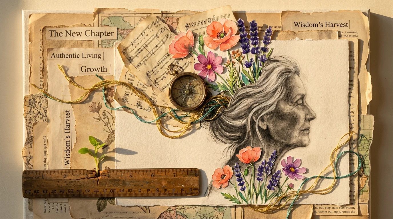 A mixed media collage of an older person's silhouette filled with wildflowers, sheet music, and a compass, symbolizing late-life purpose.