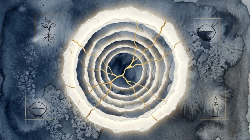 A mixed media collage of indigo watercolor and gold leaf ripples, symbolizing the interconnected energy of actions and consequences.