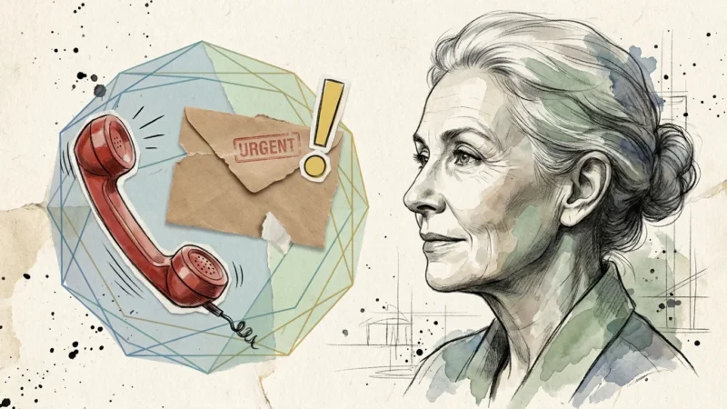 A mixed-media collage showing a calm senior woman observing floating symbols of urgency like a red phone and a warning envelope.