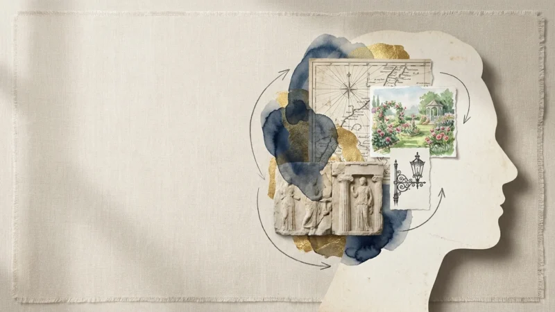 A mixed-media collage showing a person's profile filled with historical maps and artifacts, representing the concept of past life memories.