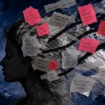 A mixed media collage showing a person's silhouette filled with swirling paper fragments and jagged lines representing memories.