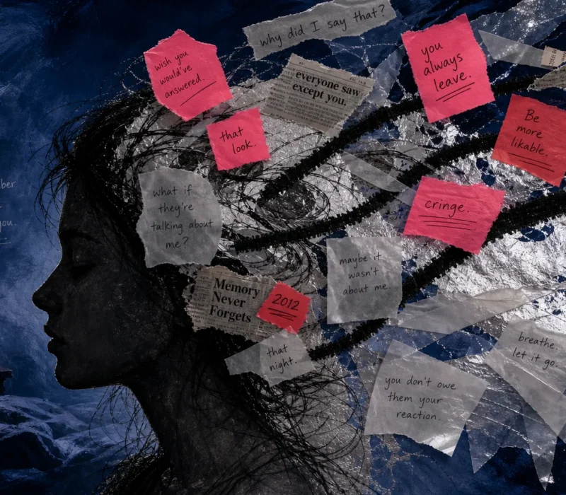 A mixed media collage showing a person's silhouette filled with swirling paper fragments and jagged lines representing memories.
