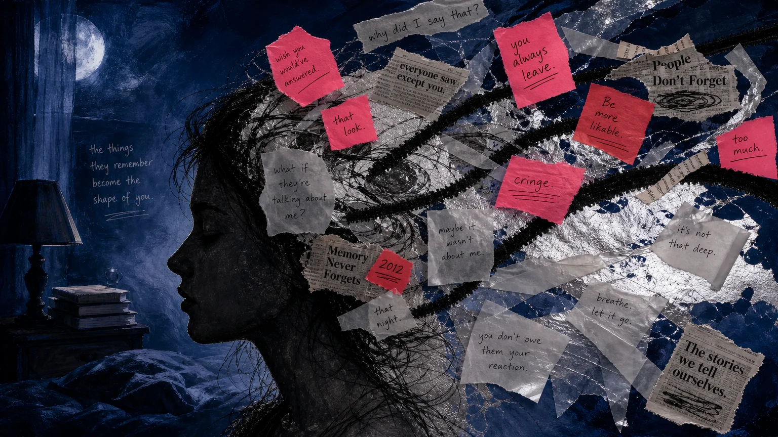 A mixed media collage showing a person's silhouette filled with swirling paper fragments and jagged lines representing memories.