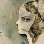 A mixed-media collage showing a silhouette profile with a misaligned mask, revealing a sharp eye and complex inner layers of old maps.