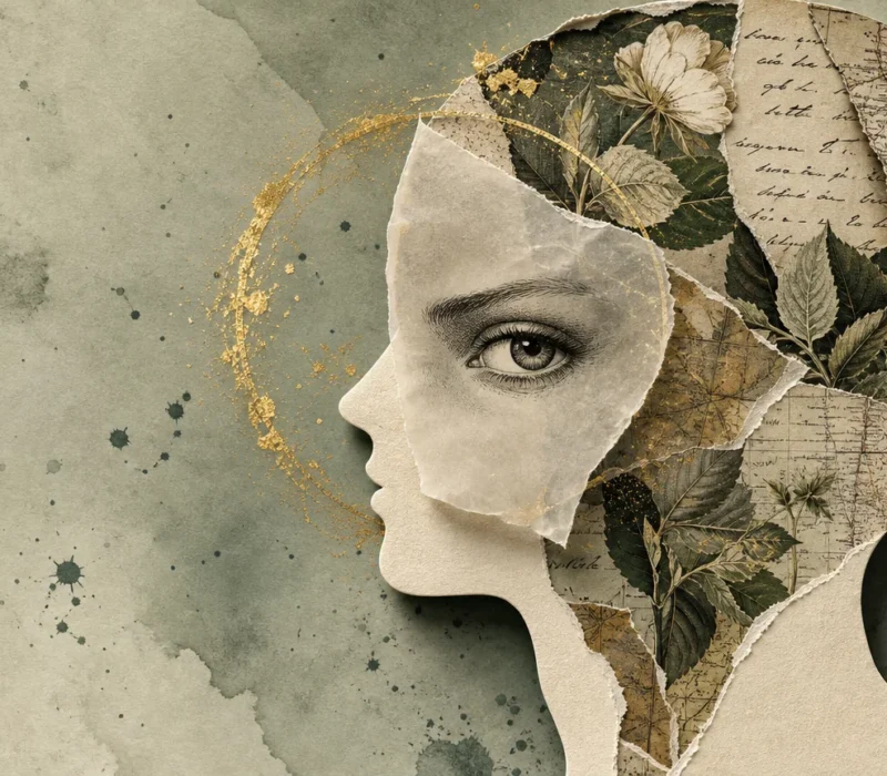 A mixed-media collage showing a silhouette profile with a misaligned mask, revealing a sharp eye and complex inner layers of old maps.