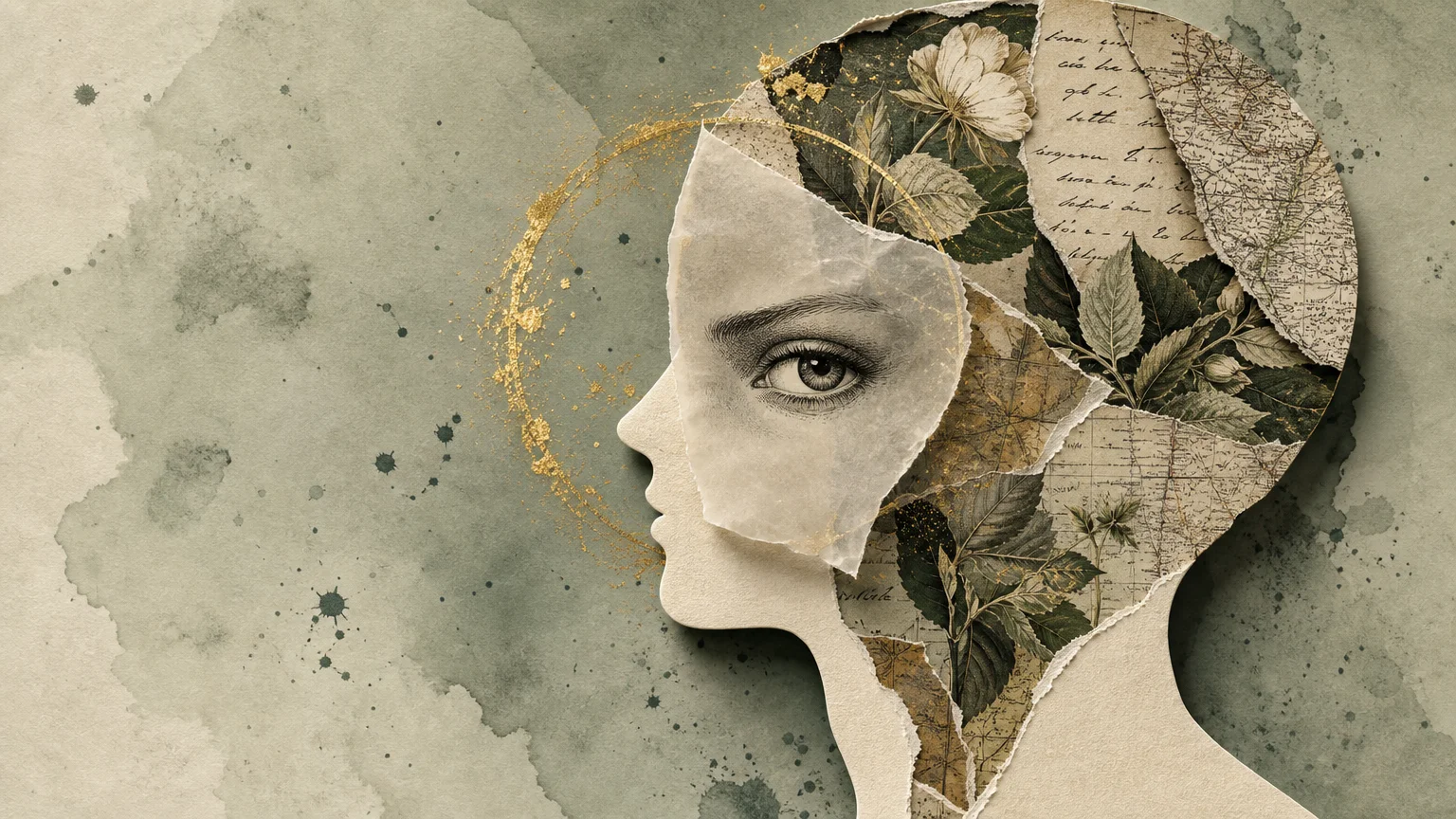 A mixed-media collage showing a silhouette profile with a misaligned mask, revealing a sharp eye and complex inner layers of old maps.