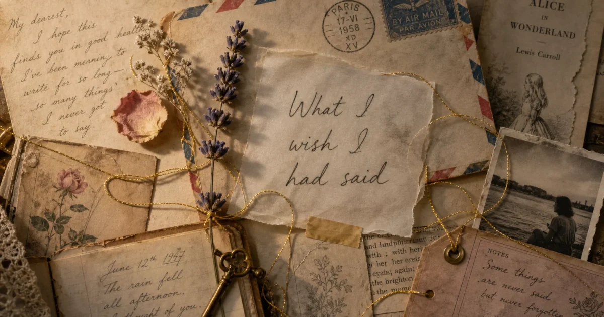 A nostalgic mixed-media collage featuring old handwritten letters, pressed lavender, and the words 'What I wish I had said' in soft ink.