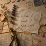 A nostalgic mixed-media collage featuring old handwritten letters, pressed lavender, and the words 'What I wish I had said' in soft ink.