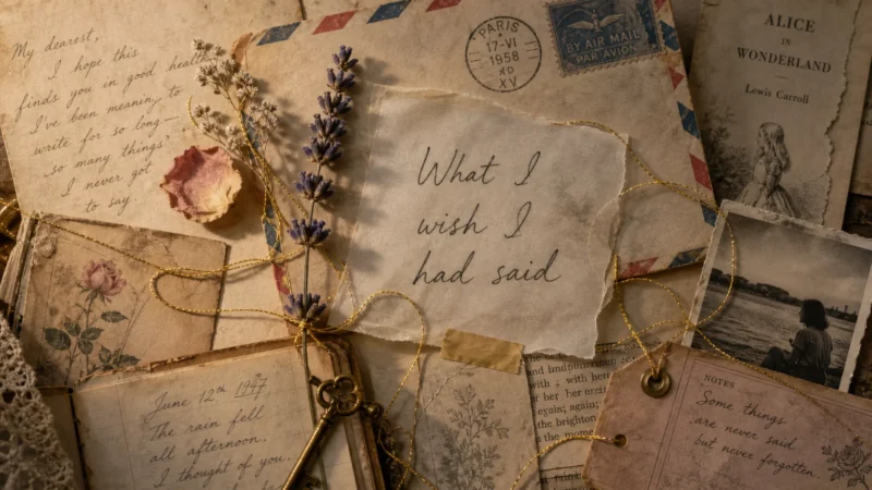 A nostalgic mixed-media collage featuring old handwritten letters, pressed lavender, and the words 'What I wish I had said' in soft ink.