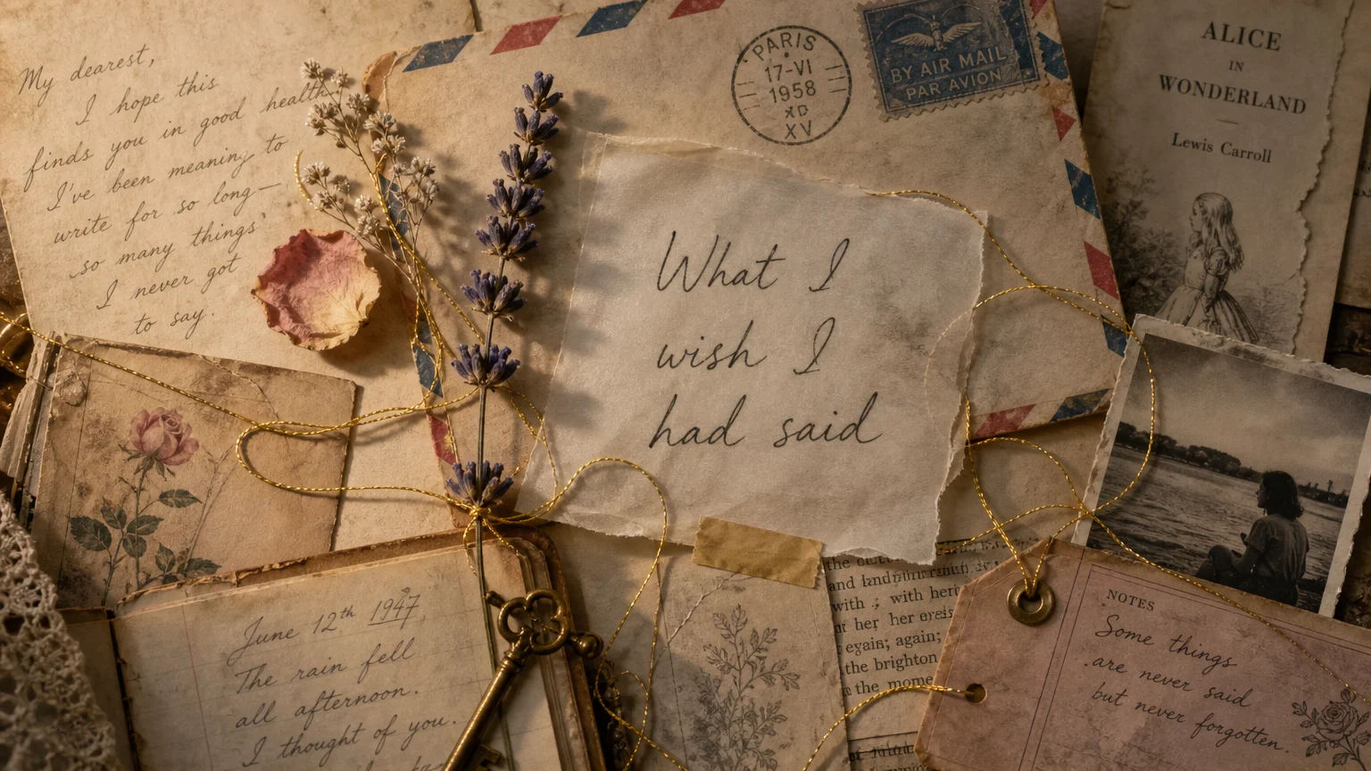 A nostalgic mixed-media collage featuring old handwritten letters, pressed lavender, and the words 'What I wish I had said' in soft ink.