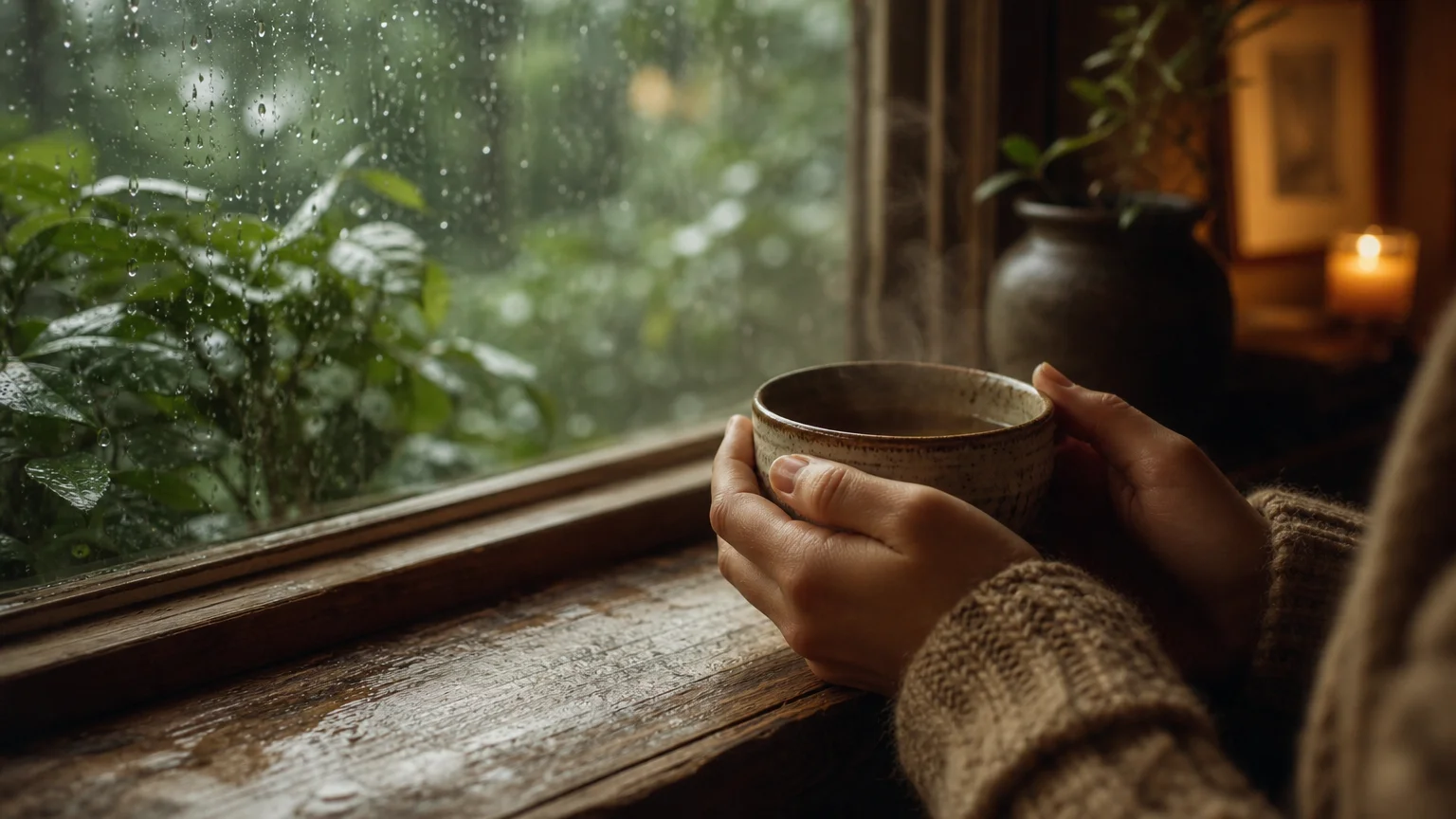 A peaceful 35mm film photo of hands cradling a warm teacup by a rain-streaked window looking onto a green garden.