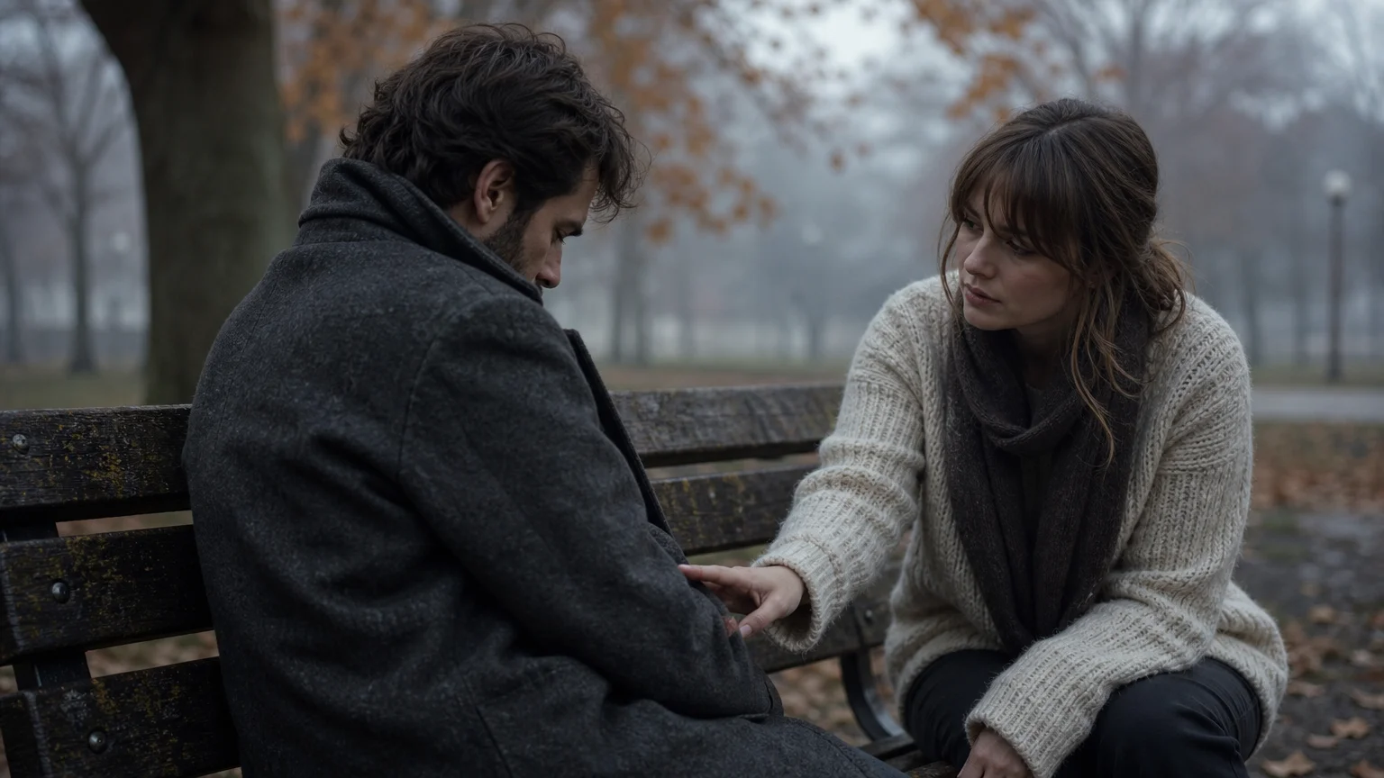 A photograph of a quiet, emotional conversation on a park bench between two people in winter clothing.