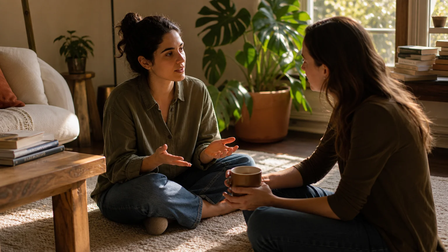 A photograph of two friends having an earnest conversation in a sunlit living room.