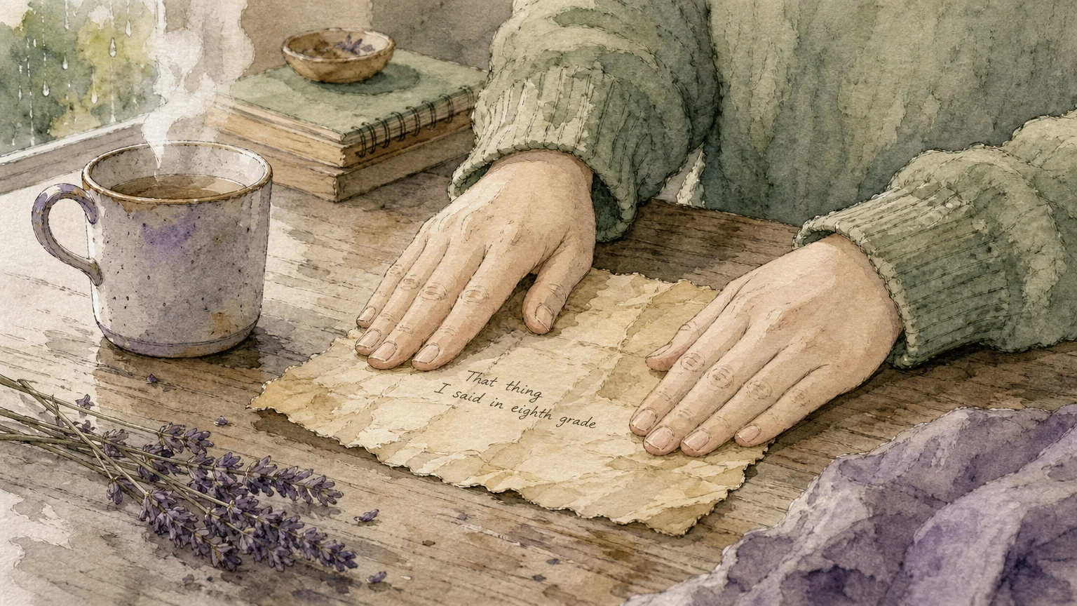 A soft watercolor illustration of hands gently smoothing out a wrinkled piece of paper on a wooden table next to a mug of tea.