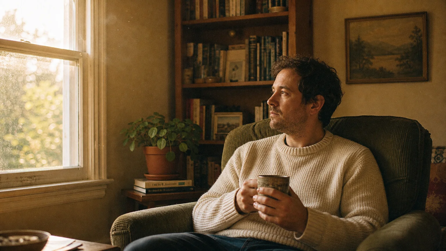 A thoughtful person holding a ceramic mug looks out a sunny window in a cozy, warm-toned living room, captured with soft analog film grain.
