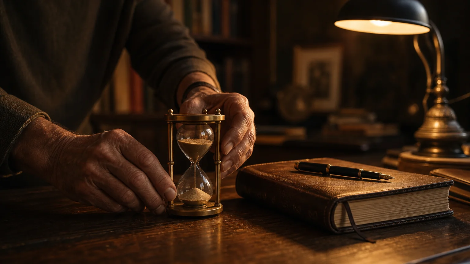 A warm 35mm film photo of a person placing an hourglass on a desk next to a closed leather journal.