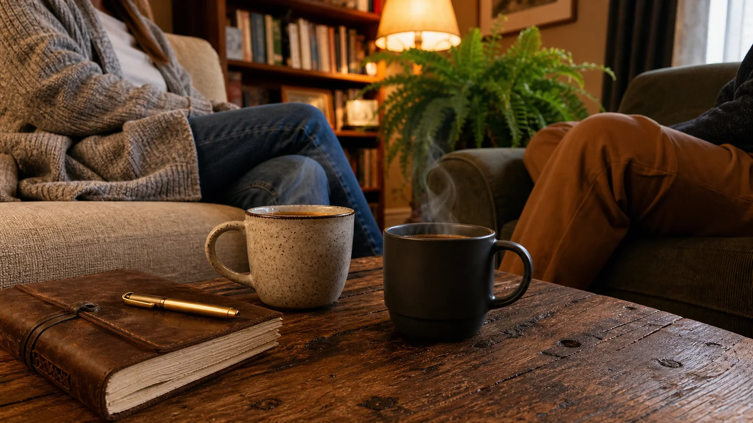 A warm, low-angle shot of two steaming mugs of tea and a notebook on a wooden table, with two people sitting comfortably in a cozy room.