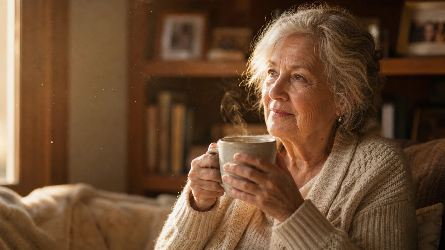 A warm, natural 35mm film photo of an older woman smiling softly while holding a warm mug in a sunlit room.