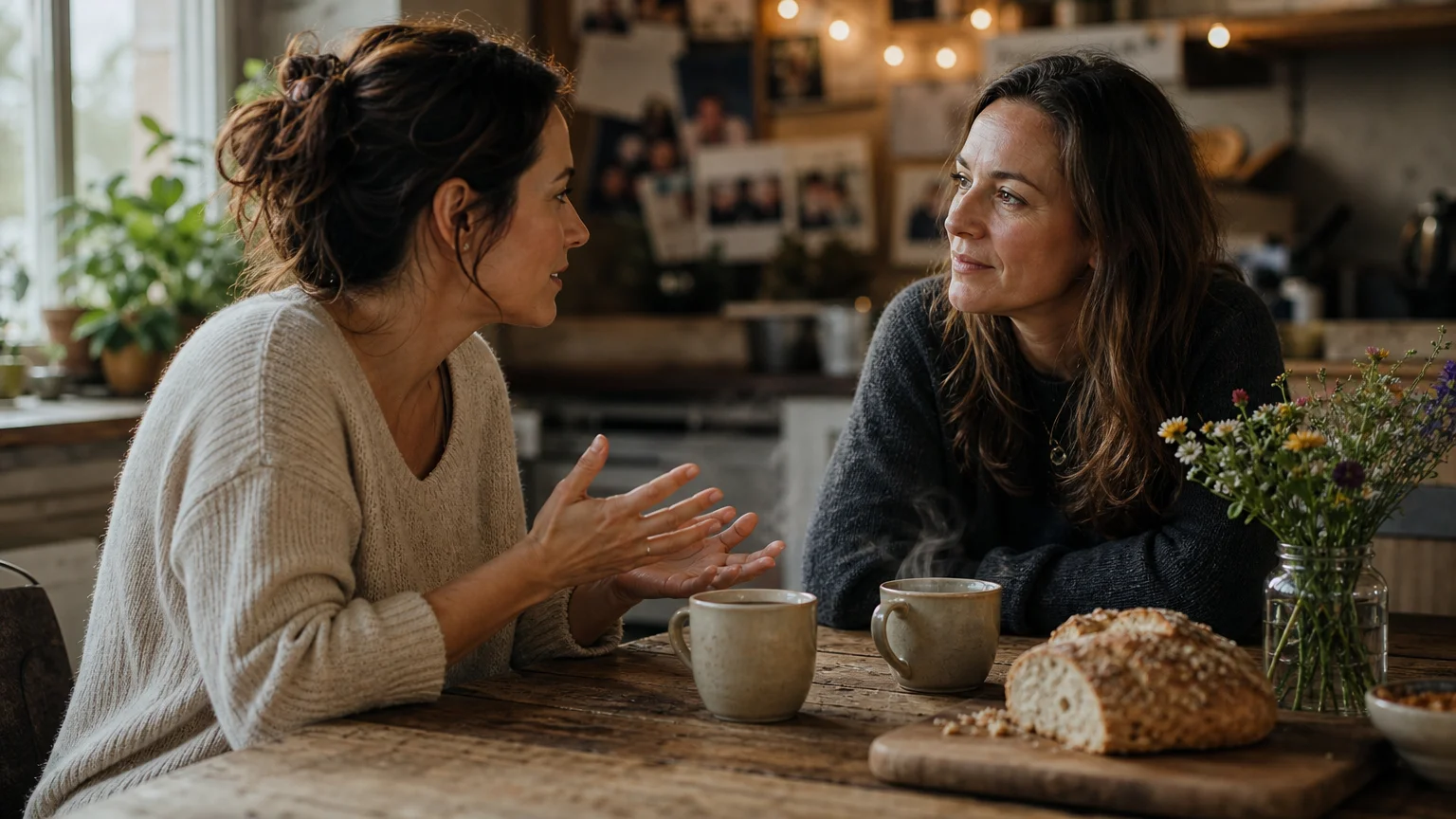 A warm, natural photograph of two friends deep in conversation over coffee at a rustic kitchen table.