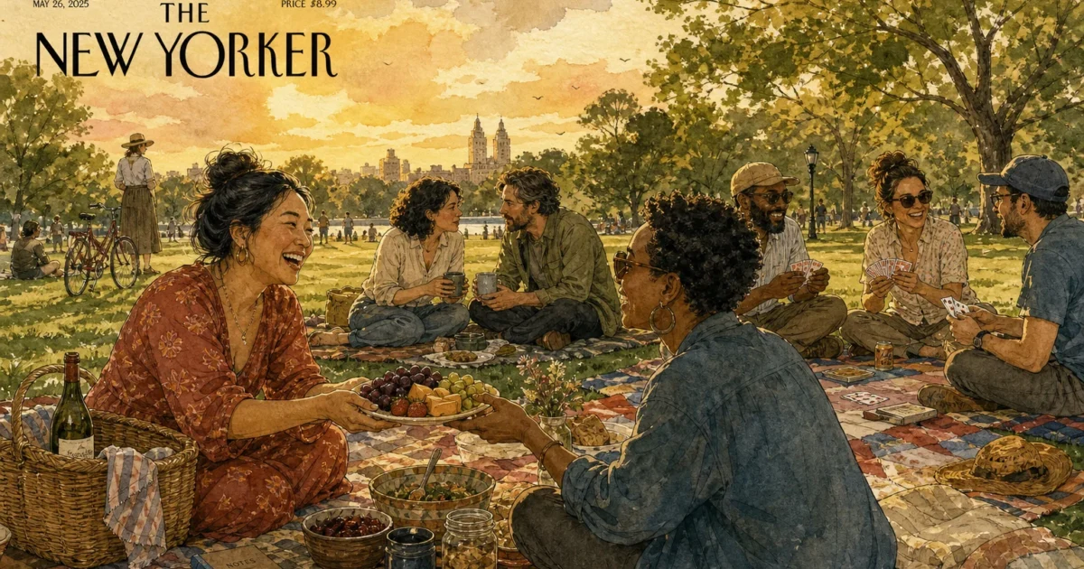 A warm watercolor illustration of diverse adult friends enjoying a picnic together in a sunlit park, sharing food and laughter.