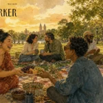 A warm watercolor illustration of diverse adult friends enjoying a picnic together in a sunlit park, sharing food and laughter.