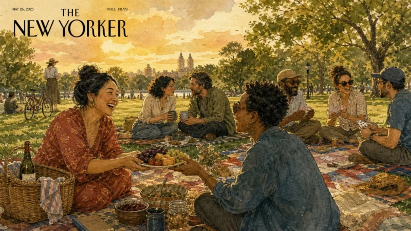 A warm watercolor illustration of diverse adult friends enjoying a picnic together in a sunlit park, sharing food and laughter.
