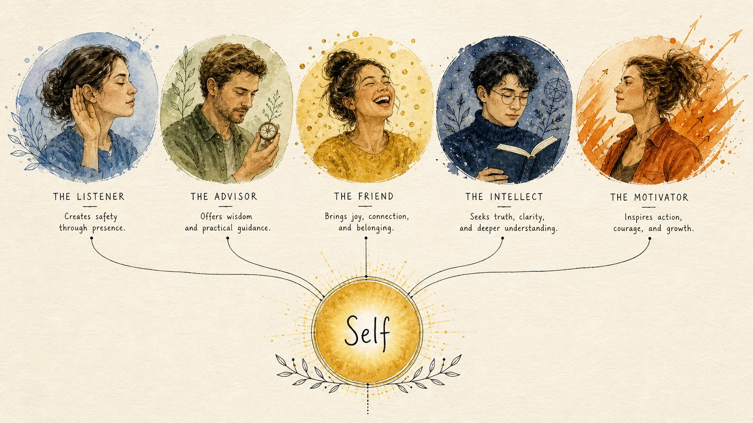 A watercolor and ink infographic showing different friendship archetypes connected by fine lines to a central self.