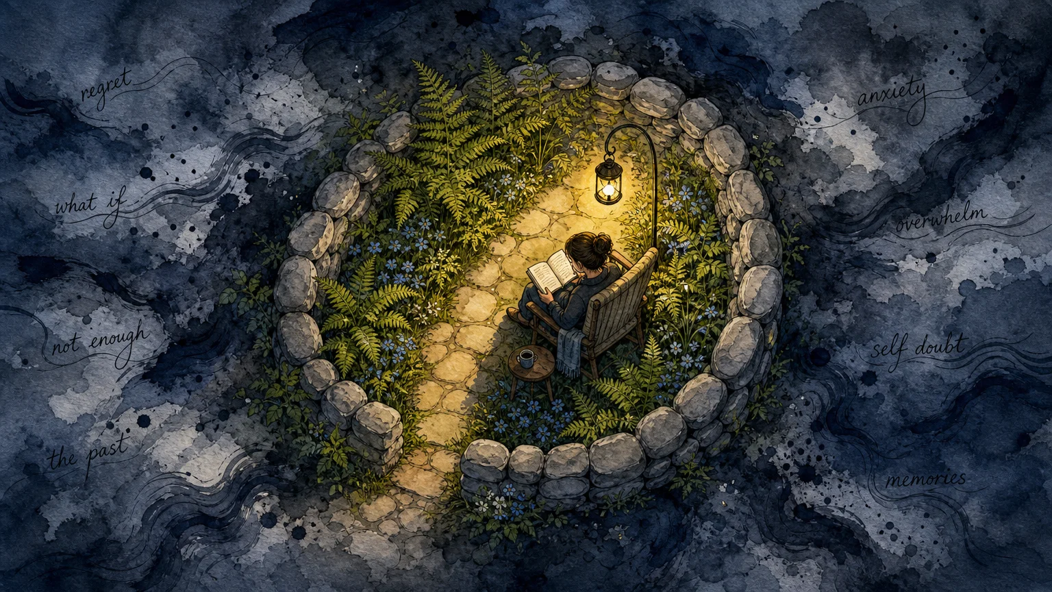 A watercolor illustration of a person in a safe, walled garden with a warm lantern, separated from a stormy dark landscape outside.