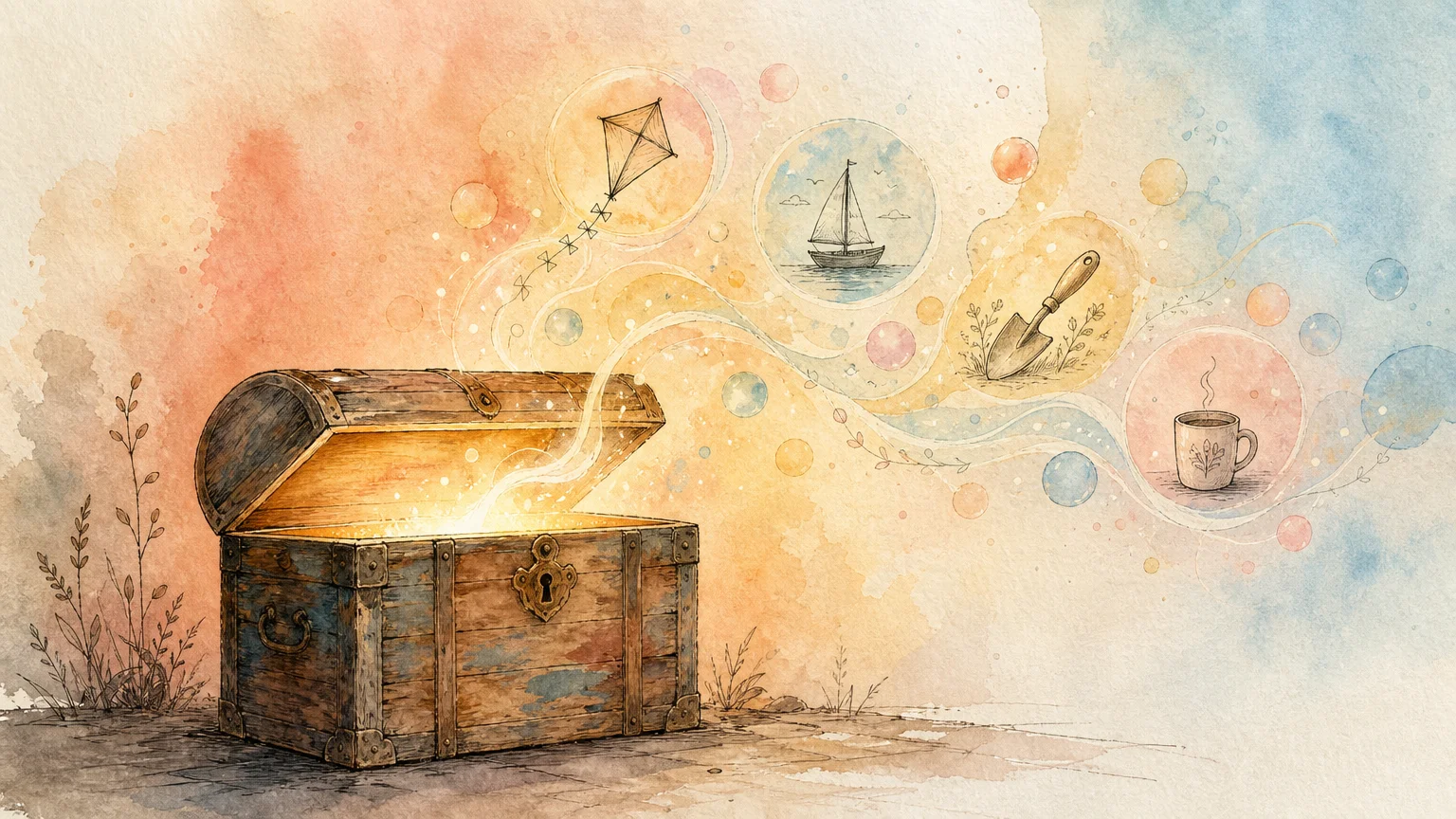 A watercolor illustration of a vintage chest slightly open, releasing gentle, glowing bubbles of soft memories.