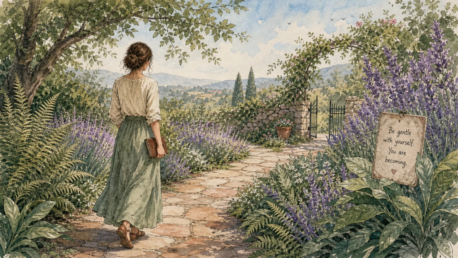 A watercolor illustration of a woman walking down a winding garden path lined with green foliage and lavender, holding a journal.