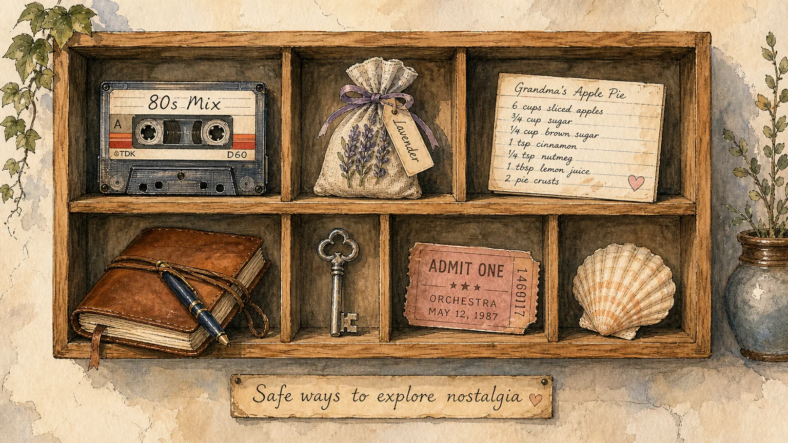 A watercolor illustration of a wooden shelf holding safe memory anchors like a cassette, a journal, and a recipe card.