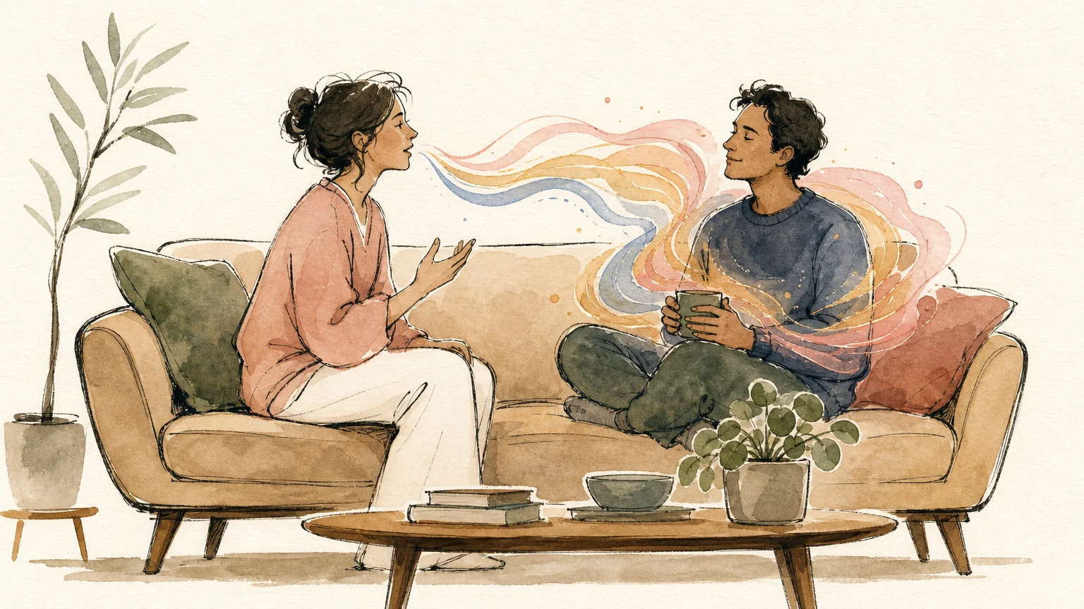 A watercolor illustration of one friend listening intently as the other's words flow like soft colorful threads.