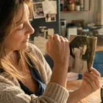 A woman in a sunny kitchen compares her hand to a vintage photograph of her mother, noticing the inherited physical traits.