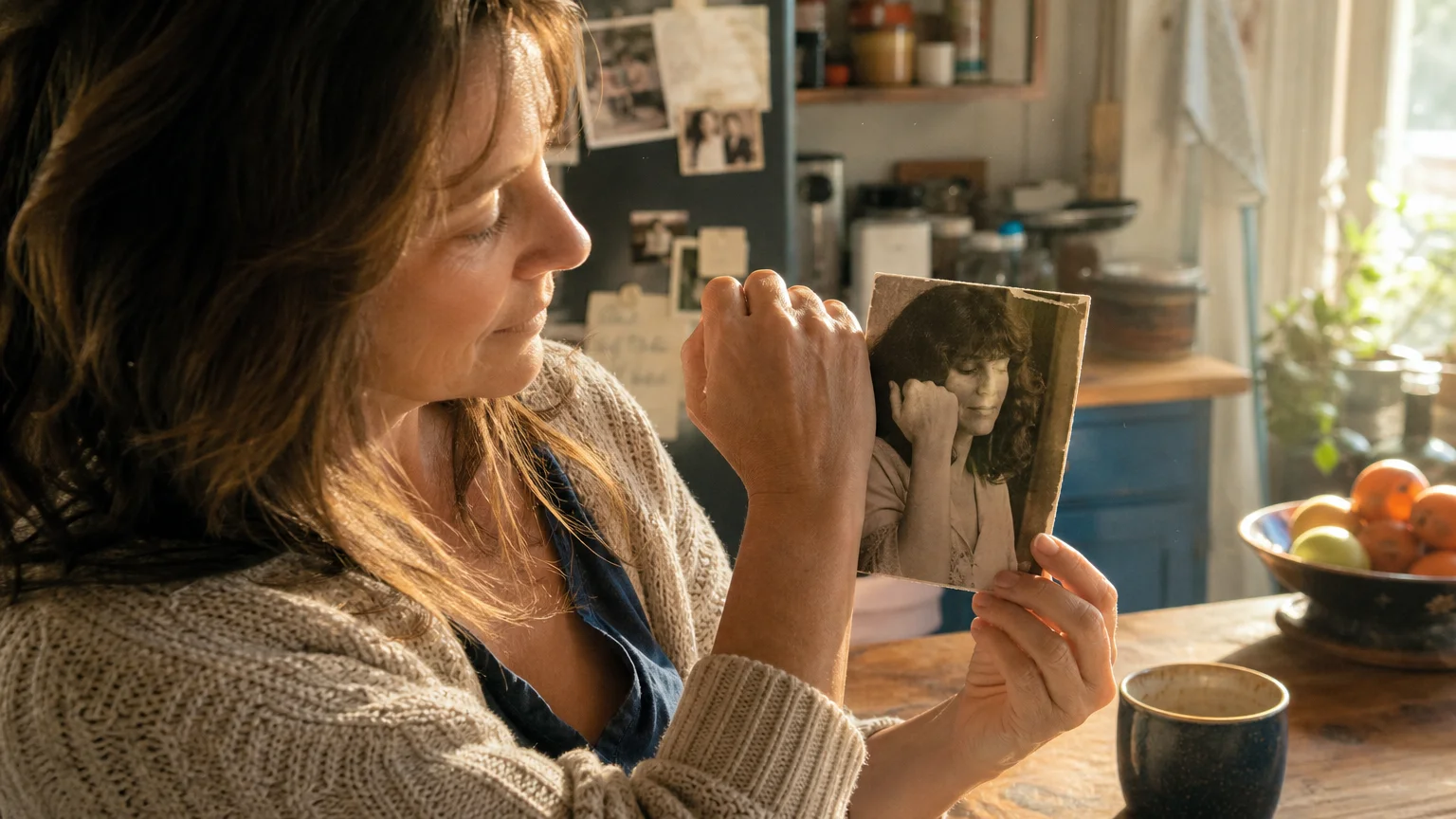 A woman in a sunny kitchen compares her hand to a vintage photograph of her mother, noticing the inherited physical traits.