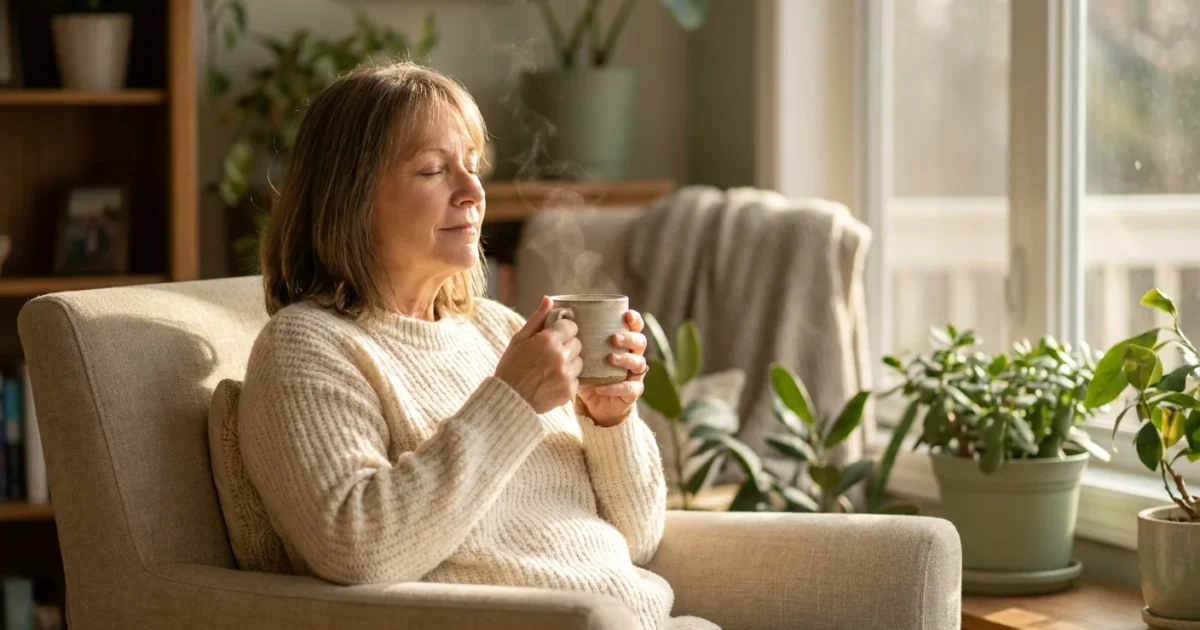 A woman in her 50s sits peacefully in a sunlit room, holding a mug and closing her eyes to recharge her energy.