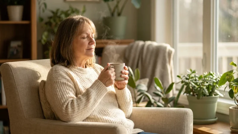 A woman in her 50s sits peacefully in a sunlit room, holding a mug and closing her eyes to recharge her energy.
