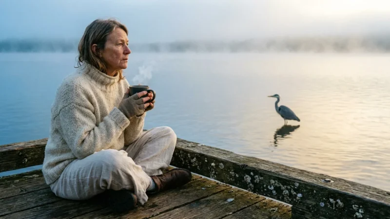 A woman in her 50s sits reflectively on a wooden pier at dawn, looking toward a heron in the distance across a misty lake.