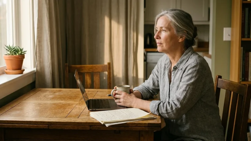 A woman in her 60s sits at a sunlit wooden table in a moment of quiet reflection, representing personal peace.